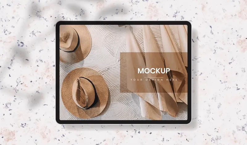 Tablet device mockup with a coffee-themed background.