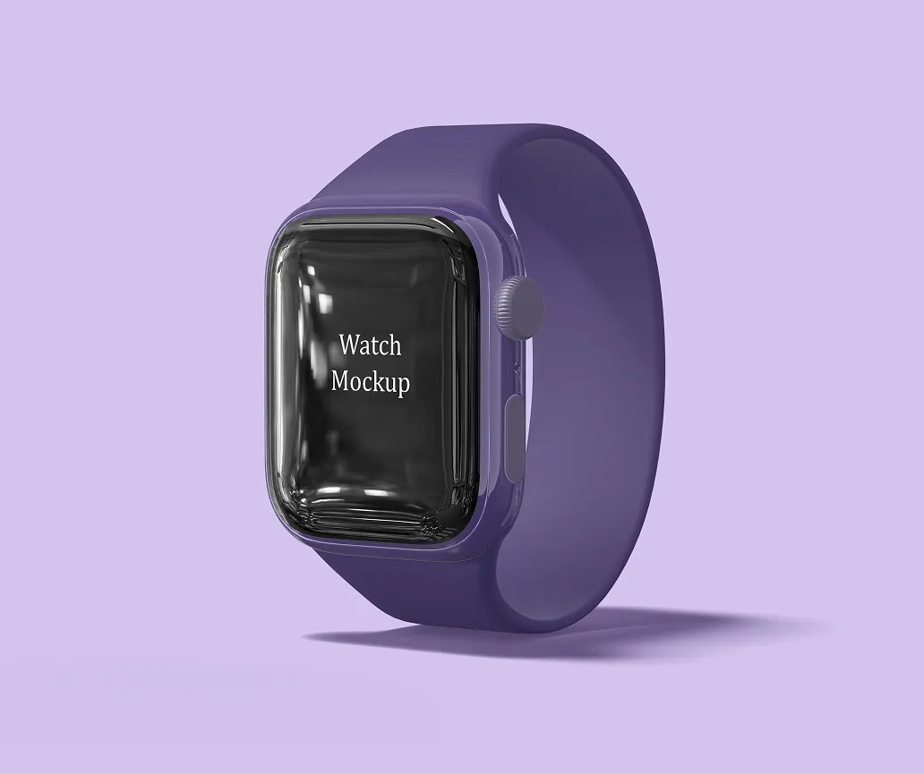Smartwatch mockup with a purple strap on a pastel background.