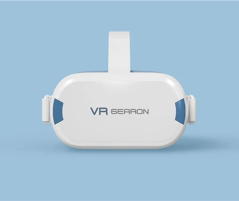 White VR headset mockup on a blue background.