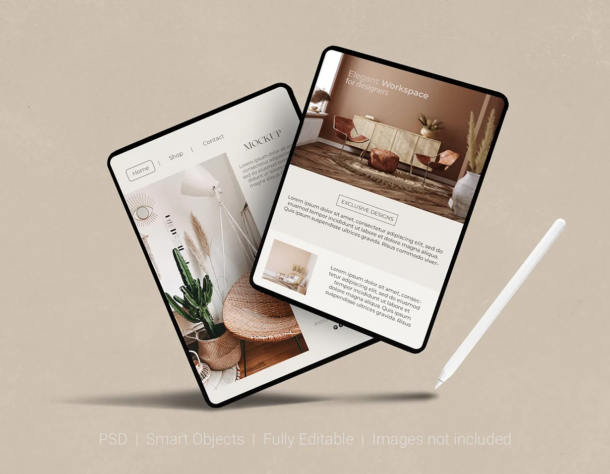 Two digital tablets on a neutral surface showing a minimal website layout with a stylus beside them.