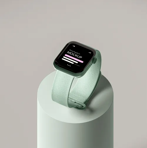 Smartwatch with a fabric strap displayed on a cylinder pedestal.