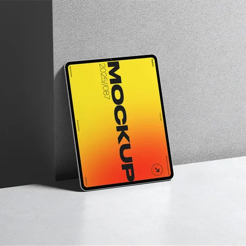 Bright yellow tablet mockup standing upright against a gray background.