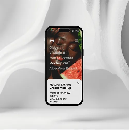 Smartphone standing upright with a wavy white backdrop showing a food-themed screen.