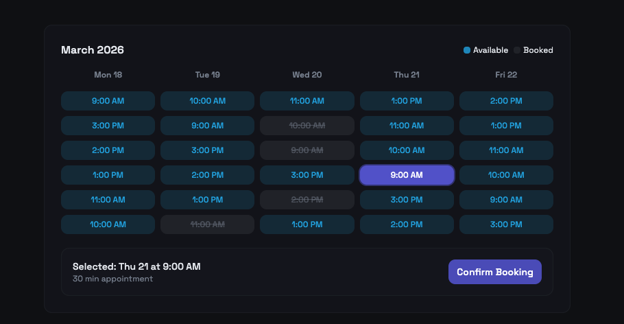 SlotFlow booking dashboard and scheduling UI.